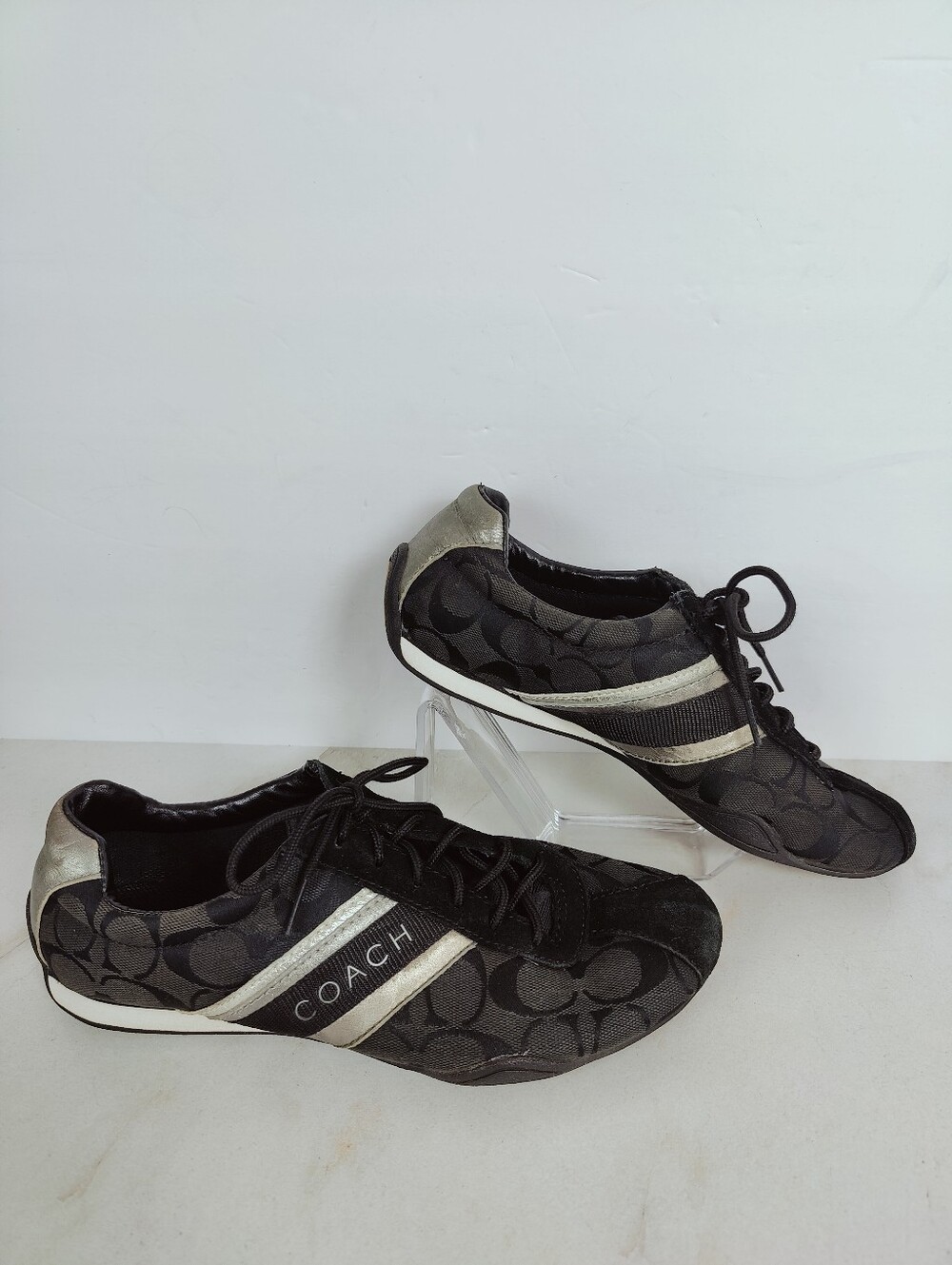 Coach Jayme Signature Sneakers Black Silver Monogram, Sz 8.5